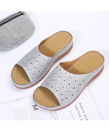 Sparkling Rhinestone Wedge Sandals for Women - Silver Wide Width Buckle Strap Beach Shoes - Buy Online on GoSupps.com