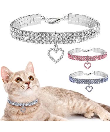 3 PCS Rhinestone Cat Collars, Dog Collars with Bling Diamonds and Love Pendants, Safe Adjustable Pet Collars, for Small Pets Puppy Cats Kittens