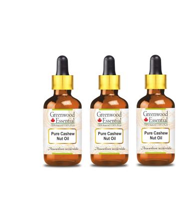 Greenwood essential natural cashew nut oil (Anacardium Occidentale) with glass droppers Therapeutic quality for hair skin and aromatherapy (pack with three) 100ml x 3 (10 oz)