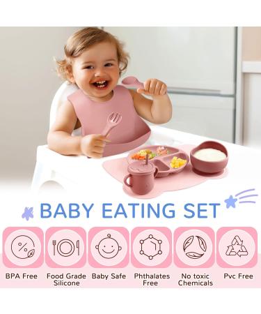 Newtay 8 Pack Baby Feeding Set - Silicone Suction Divided Plate, Bibs, Bowl, Placemat, Spoon, Fork, Cup with Straw - Dark Pink - Toddler Tableware - Buy Online on GoSupps.com