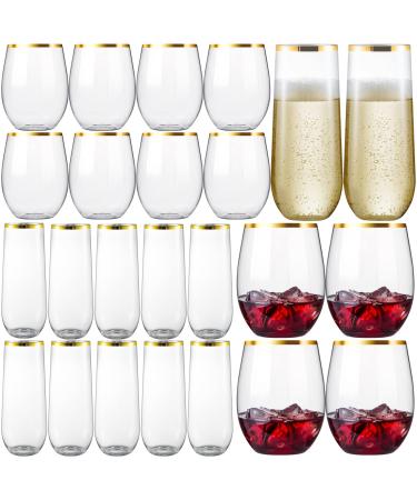 eventpartener 24 Pcs Disposable Stemless Wine Glasses and Champagne Glasses set, 12 pcs 16 oz Plastic Wine Cups & 12 pcs 9 oz Champagne Flutes, Gold Rim Unbreakable Toasting Glasses, Ideal for Party