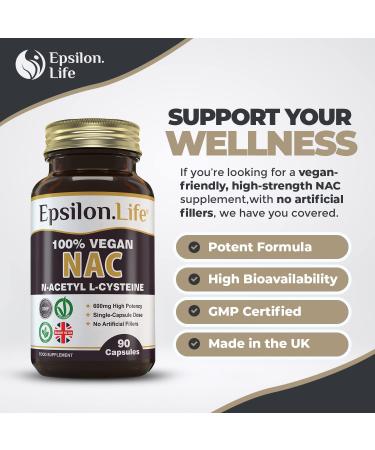 NAC 600mg Vegan Supplement - N-Acetyl-Cysteine Capsules for Glutathione Boost - 90 Caps - Made in UK, No Fillers - Buy Online on GoSupps.com