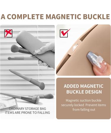 Travel Makeup Brush Holder Silicone Upgrade Anti-Fall Out Magnetic Closure Make up Bag Portable Cosmetic Pouch Soft Sleek Makeup Organize Tools for Travel (Khaki) - Buy Online on GoSupps.com