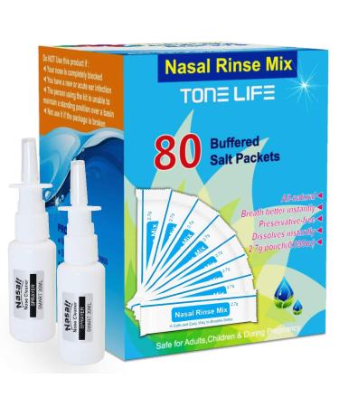 TONELIFE 80 Count Saline Nasal Care Refills +2 Nasal Sprayer - Nasal Salt 2.7g Each Pouch | Refill Kit | 80 Buffered Salt Packets | for 300ml 500ml Sinus Rinse Kit-Nose Cleaner-Nasal Wash Bottle 80 Pouch Salt