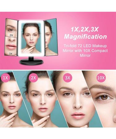 FASCINATE Trifold Lighted Makeup Mirror - 3 Color Lights, 72 LEDs, 10X/3X/2X/1X Magnification, Cord & Cordless, 180 Rotation - Portable HD Cosmetic Mirror (Black) - Buy Online on GoSupps.com
