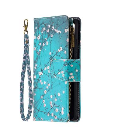 Miagon 9 Card Slots Wallet Case for iPhone 15 Plus Colorful Zipper Wallet Cover PU Leather Magnetic Flip Folio Wrist Strap Stand Protective Bumper Blue Flower iPhone 15 Plus Blue Flower