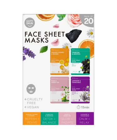Happy Skin Facial Masks for all skin types over 1 million sold detoxifying charcoal whitening rose & green tea lavender & chamomile vitamin C orange & ginger white 20 pieces