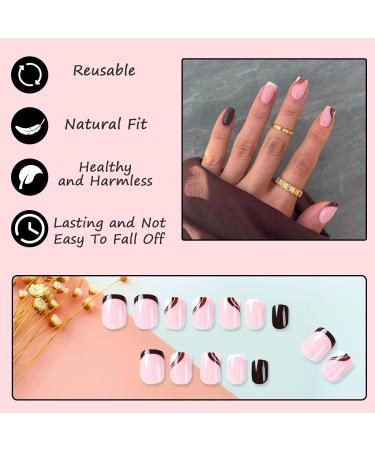 24Pcs Short Square French False Nails Tips Glossy Wave Design - Brown Wave Stick on Nails for Women and Girls - Buy Online on GoSupps.com