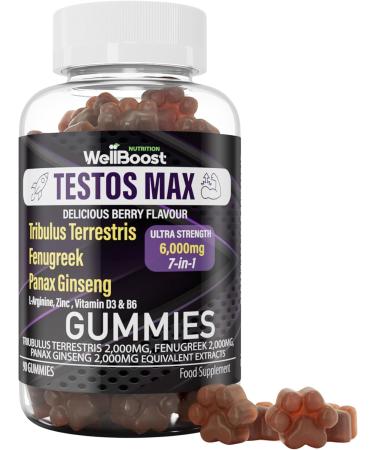 Testos MAX Strength Gummies 30 000mg (7in1) Tribulus Terrestris Fenugreek Panax Ginseng Extracts L-Arginine Zinc VitD3 and VitB6 Delicious Vegan Sugar Free for Adults with Grapes Flavour.