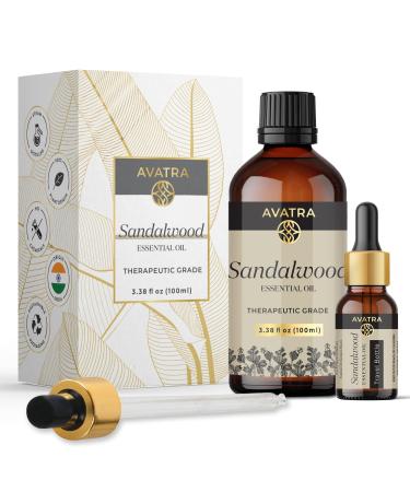 Avatra Sandalwood Essential Oil 100ML (3.38 OZ) with Glass Dropper and Travel Bottle Pure and Natural Therapeutic Grade Sandalwood Oil for Diffuser Aromatherapy Massage and DIY Candle Products