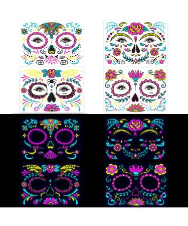 GotGala 4 sheets Day of the Dead Face Temporary Tattoos Glow in Dark Sugar Skull Halloween Makeup Floral Black Skeleton Web Full Mask Stickers for Women Men Dia De Los Halloween Masquerade Party Favor Supplies