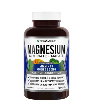 FarmHaven Magnesium Glycinate & Malate Complex w/Vitamin D3 100% Chelated for Max Absorption Vegetarian Bone Health Nerves Muscles 180 Capsules 90 Days 180 Count (Pack of 1)