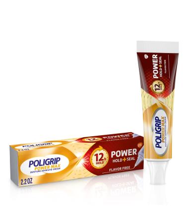 Poligrip Power Max Power Hold plus Seal Denture Adhesive Cream, Denture Cream for Secure Hold and Food Seal, Flavor Free - 2.2 oz