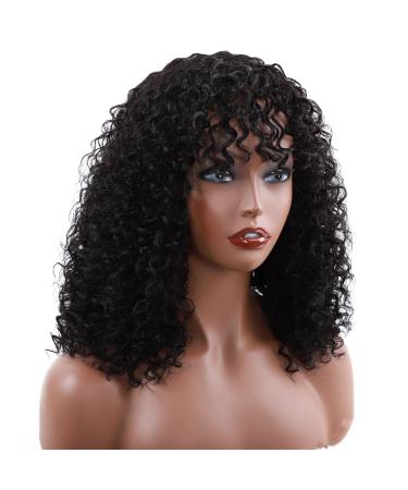 Kinky Curly Wig with Bangs - 16 Inch Human Hair Wig for Black Women | 180% Density Brazilian Virgin Hair | Glueless Non-Lace Wig - Buy Online on GoSupps.com