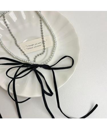 Oralgos Vintage Bowknot Necklace - Elegant Double-Layer Pearl Choker | Aesthetic Collarbone Chain Fashion Jewelry - Buy Online on GoSupps.com