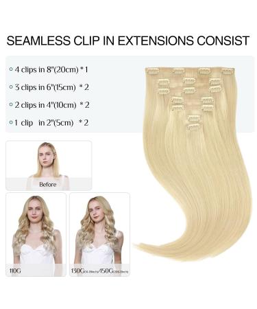 Doores Real Hair Extensions Clip In - Bleach Blonde 45cm 18 Inch 7 Pieces 110g - Seamless PU Clip In Extensions - Buy Online on GoSupps.com