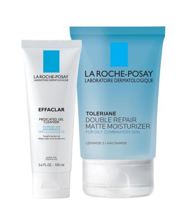 La Roche-Posay Acne Skin Care Set Toleriane Double Repair Matte Moisturizer 75ml & Effaclar Medicated Gel Cleasner 100ml Gel Moisturizer with Niacinamide & Acne Cleasner with Salicylic Acid 2.95 Fl Oz (Pack of 2)