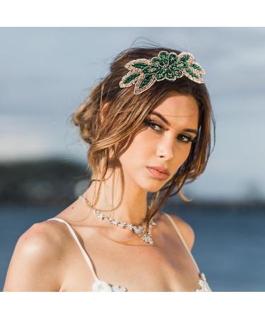 Lurrose Rhinestone Flapper Headband Beads Flower Hair Hoop Vintage Headband for Wedding Tea Party (Green) - Buy Online on GoSupps.com