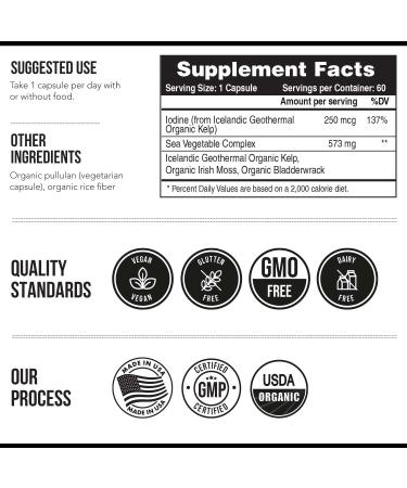 Sea Vegetable Complex Organic Iodine Supplement - 250mcg, Whole Food Raw Form with Trace Minerals, Icelandic Sea Kelp, Irish Moss, Bladderwrack - 60 Capsules - Buy Online on GoSupps.com