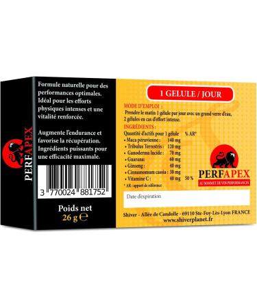 PERFAPEX - 20 Capsules for Maximum Performance | Strength Endurance Energy Recovery | Maca Tribulus Ganoderma Guarana Ginseng Cinnamon Vitamin C - Shiver - Buy Online on GoSupps.com
