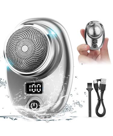 Men's Electric Shaver Pocket Size Mini Rotary Shaver Fullly Waterproof LED Display Fast Charging Wet and Dry Shaving Razors USB Rechargeable Shaver Portable Electric Razor for Men (Silver)
