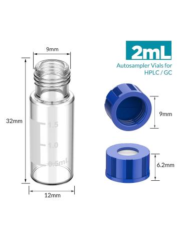 Membrane Solutions Autosampler Vials 2ml HPLC Vials 9-425 Lab Clear Vials with Write-on Spot and Graduations 9mm Blue ABS Screw Caps & Septa for GC Sample Vials 100 Pcs - Buy Online on GoSupps.com