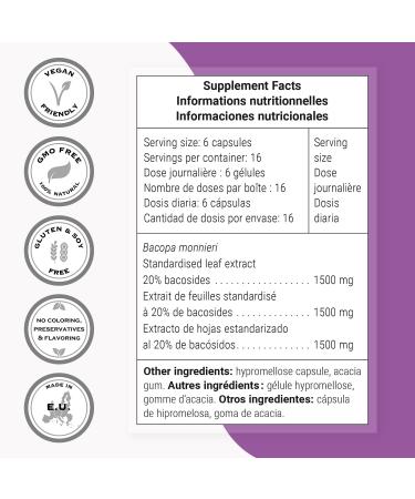 Supersmart Bacopa Monnieri 1500mg per Day (High Bioavailability) - Bacopa Extract - Active Bacosides Nootropic Supplement | Non-GMO & Gluten Free - 100 Vegetarian Capsules - Buy Online on GoSupps.com