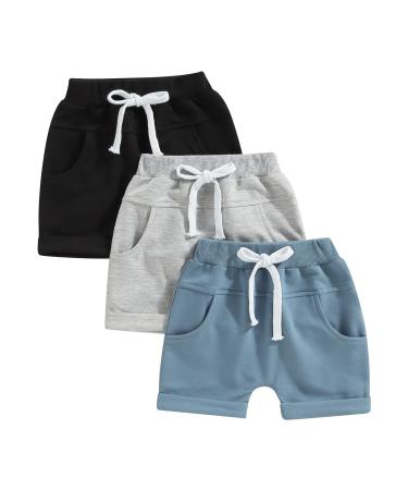 Bagilaanoe Toddler Boy 3 Pack Shorts Set Casual Loose Drawstring Shorts Sweatpants Athletic Workout Sport Pants Pack of 3 Black Grey Blue 0-6 Months