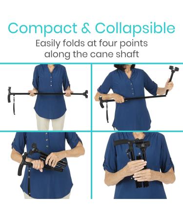 Vive Folding Cane with Light - Adjustable Walking Stick for Men and Women - Portable Collapsible Mobility Aid - Lightweight and Heavy Duty - Swivel Quad Tip - Black - Buy Online on GoSupps.com