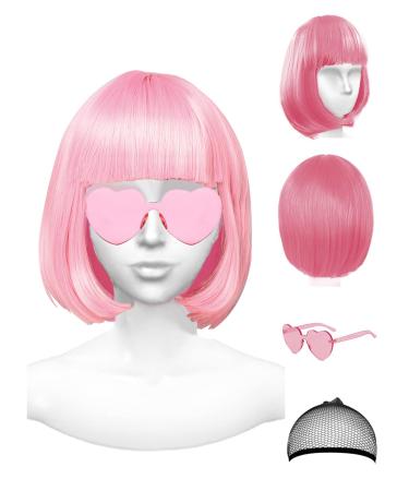 PLANTURECO Pink Wig and Party Sunglasses Pink Wigs for Women Pink Wig with Bangs Light Pink Wig Pink Bob Wig Pink Cosplay Wigs and Party Wigs - Bachelorette Party Wigs Decorations Favors