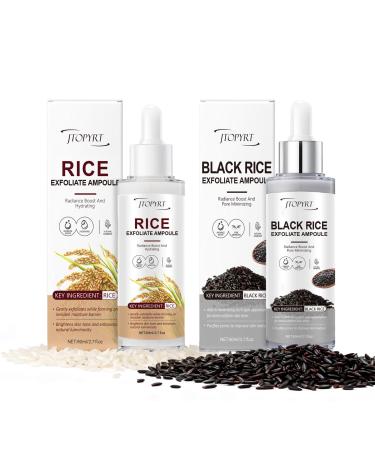 Glow White & Black Rice Exfoliate Ampoule - Peeling Shot Exfoliating Gel with Rice Extract - Gently Removes Dead Skin & Blackheads - for Morning & Night Facial Care for All Skin Types - 2 x 2.7 fl oz