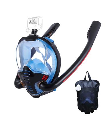 HJKB Full Face Snorkel Mask with Anti-Fog Wipes, 180 Degree Panoramic HD View Snorkeling Mask, Anti-Leak Dry Top Set for Adults and Kids Black & Blue Large-X-Large