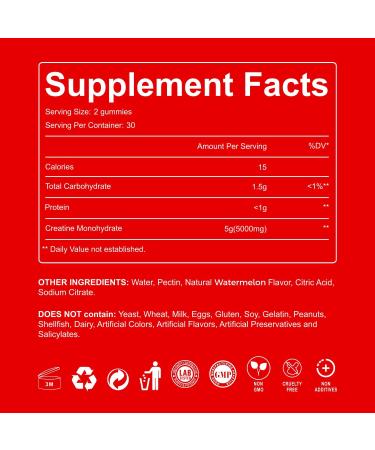 Creatine Monohydrate Gummies 5000mg per Serving - 60 Vegan Gummies for Muscle Growth Strength & Recovery Watermelon Flavor Third-Party Tested Gluten Free Non-GMO No Artificial Flavors Watermelon-Flavored - Buy Online on GoSupps.com