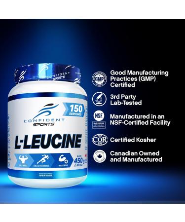 Confident Sports Leucine Supplement - 100% Ultra-Pure L-LEUCINE Supplements for Muscle Growth - Essential Amino Acids Supplement for Post-Workout Recovery - 450 Gram - 150 Servings -150 Day Supply - Buy Online on GoSupps.com