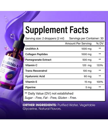 FloraBliss Urolithin A Supplement 2800 mg Liquid Drops | with Trans-Resveratrol, Collagen Peptides, Pomegranate Extract, Hyaluronic Acid, Vitamin E & C | 60ml |30-Day Supply - Buy Online on GoSupps.com