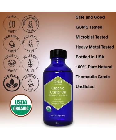 Organic Cold Pressed Castor Oil - 100% Pure Food Grade for Face Hair Growth Eyelashes & Constipation - Zongle Therapeutics 4 OZ - International Shipping Available - Buy Online on GoSupps.com