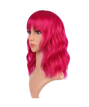 Queberty Pink Wig - Short Wavy Hot Pink Synthetic Wig for Women with Air Bangs | Natural Hair Cosplay Daily Party Use - Buy Online on GoSupps.com