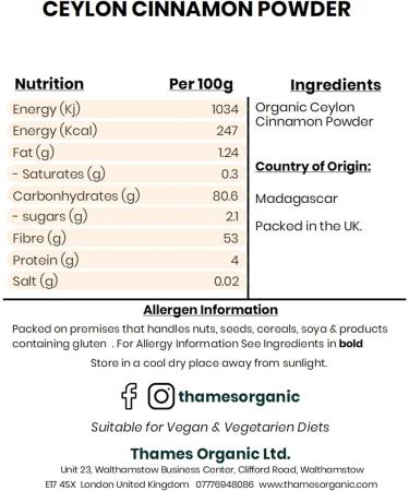 Organic Ceylon Cinnamon Powder 100% Pure | Non-GMO Vegan | Perfect for Baking & Cooking | Thames Organi 500g - Buy Online on GoSupps.com