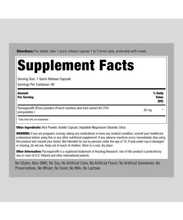 Piping Rock Pycnogenol 50mg | 60 Capsules | Non-GMO & Gluten-Free Supplement - Buy Online on GoSupps.com
