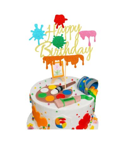 Arthsdite 1Pc Painting Cake Topper Painter Art Themed Slime Happy Birthday Cake Decoration for Gils Boys Birthday Bday Party Supplies - Gold Glitter - Buy Online on GoSupps.com