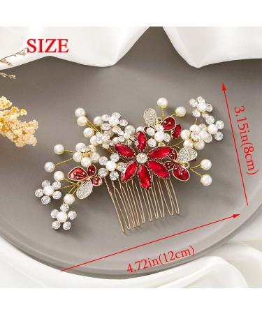 IYOU Women Bridal Hair Combs Red Flower Wedding Sides Comb Sparkly Crystal Headpiece Prom Party Hair Accessories for Bride and Bridesmaid - Buy Online on GoSupps.com