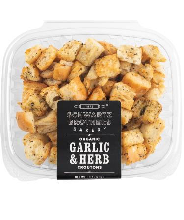 Schwartz Brothers Bakery Croutons Garlic & Herb Organic Kosher Artisanal Vegan. Freshly baked 5oz container. (Pack of 2) 5 Ounce (Pack of 2)