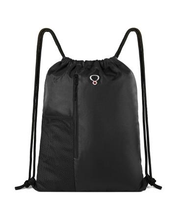 Drawstring Backpack Sports Gym Bag for Women Men Children Large Size with Zipper and Water Bottle Mesh Pockets Black