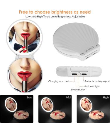Shell Pocket Mirror with Lighted Selfie Ring 1x/2x Magnification, Dimmable LED Lights - Rechargeable Compact Handheld Mirror for Handbag - Perfect Gift for Sisters and Kids - White - Buy Online on GoSupps.com
