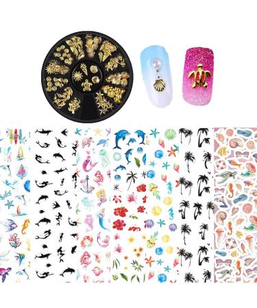 1Box+8 Sheets Summer Nail Art Sticker Manicure Metal Stud Charm for Acrylic Nails Sea Sealife Starfish Mermaid Ocean Styles (Ocean Style)