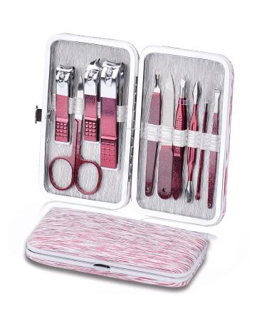 Manicure Set 10 in 1 Stainless Steel Nail Clippers Scissors Pedicure Tools Kit - Portable Travel Grooming Kit for Men and Women with Leather Case (Rose Red)
