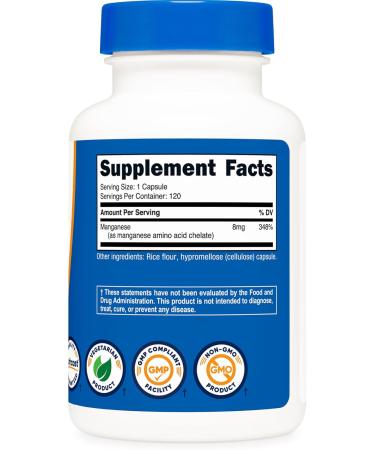 Nutricost Chelated Manganese Supplement 8mg Amino Acid Chelate 120 Capsules 120 Servings - Gluten Free Non-GMO and Vegetarian Friendly - Buy Online on GoSupps.com