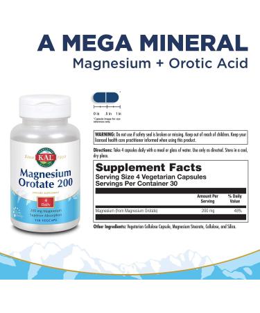 KAL Magnesium Orotate 200 mg - 120 Vegcaps | Optimal Heart & Muscle Health - Buy Online on GoSupps.com