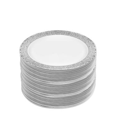 M Honor 60 Piece Silver Lace Rimmed Round Plastic Reusable Plates for Weddings Parties and Dinners | 10 Inch Diameter