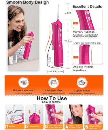 Water Dental Flosser Pick - Cordless 4 Modes 300ML IPX7 Waterproof for Home & Travel - Rose Pink Teeth Cleaner - Buy Online on GoSupps.com